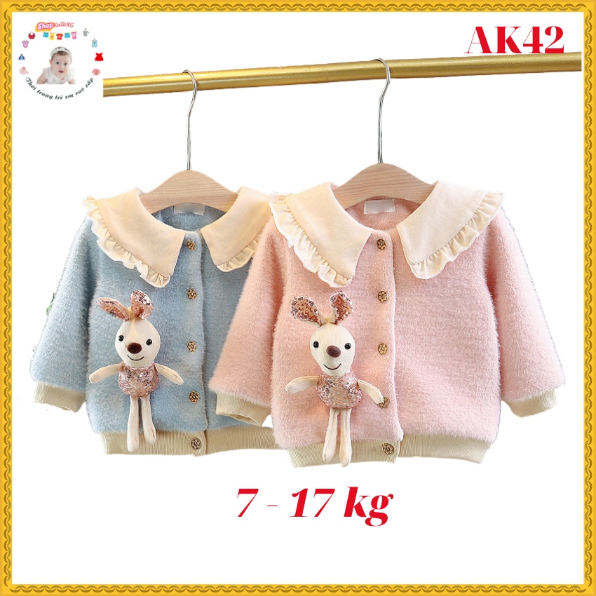 áo khoác len lông ấm áp bé gái cổ bèo viền xin tặng kèm chú thỏ bông xinh xắn size 7-17kg AK42