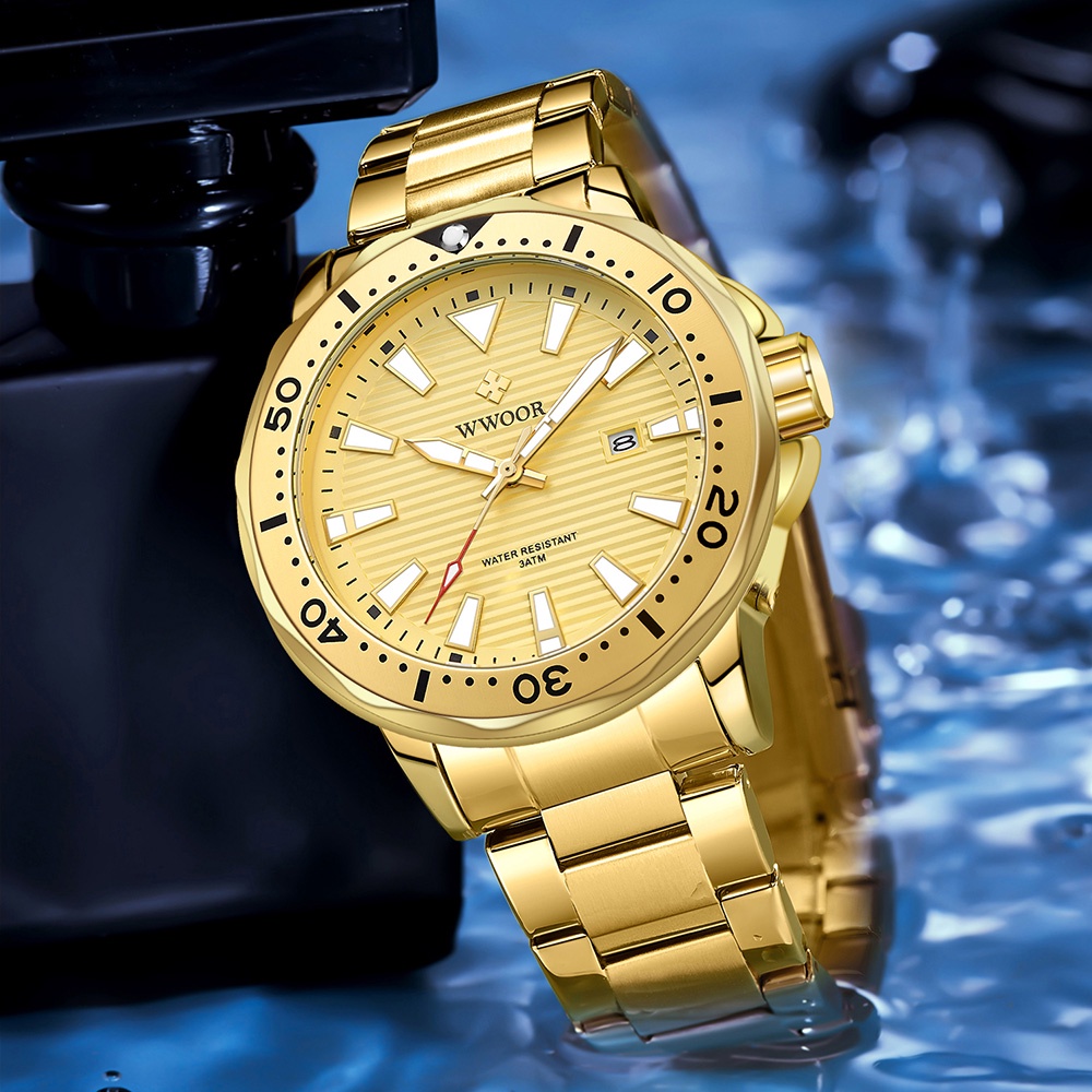 Đồng Hồ Quartz Chống Thấm Nước WWOOR Masculino-8847 Màu Vàng Kim Sang Trọng