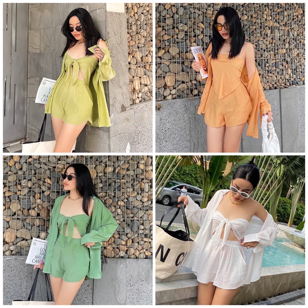Set 3 món đi biển , áo sơ mi +áo khoát+quần sort HAKIEU