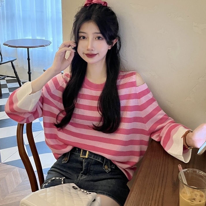 Áo kiểu ZHELIHANGFEI dệt kim tay dài thiết kế hở vai họa tiết kẻ sọc trẻ trung thời trang