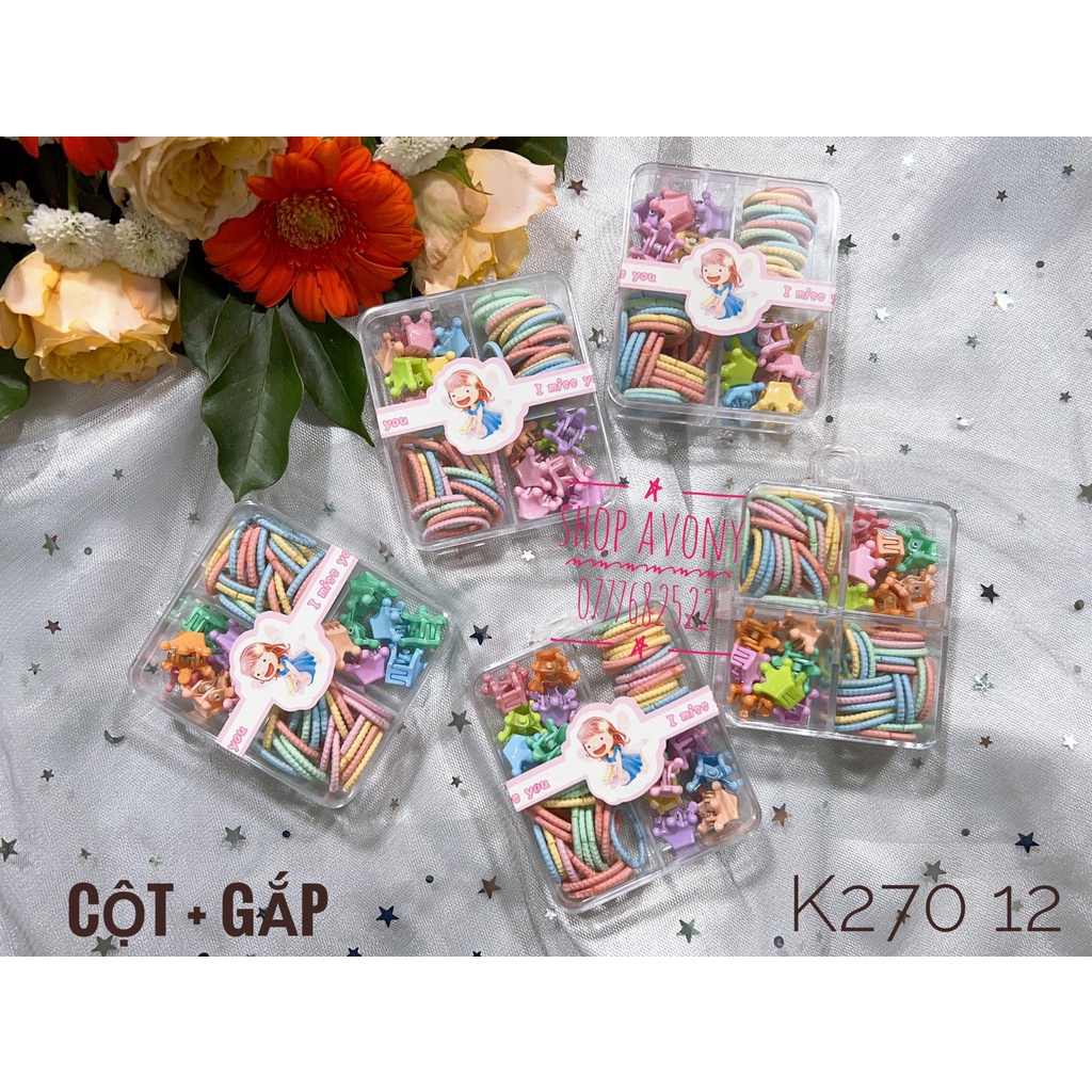 1 hộp thun cột tóc + gắp đỉnh nhí nhiều màu dành cho bé ít tóc
