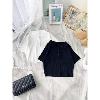 Áo croptop gân đũa cổ bẻ
