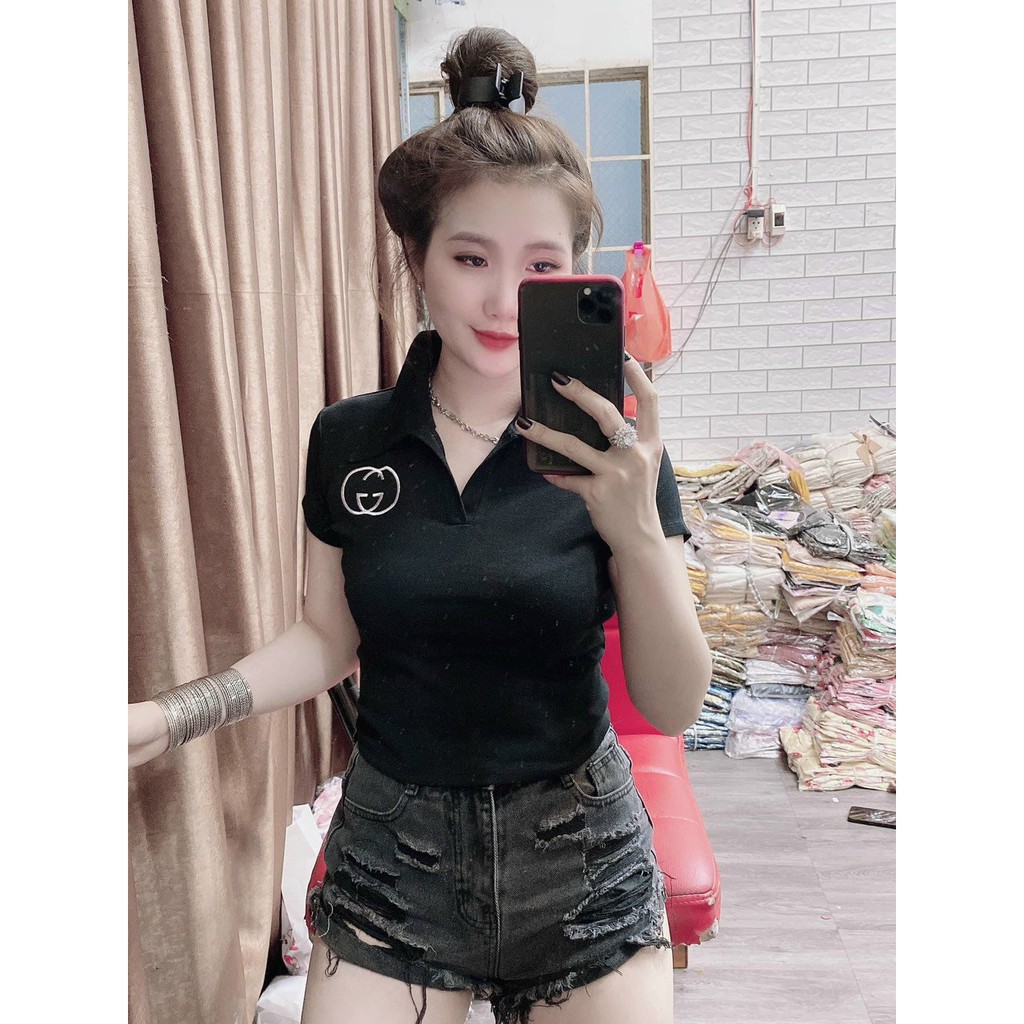 áo thun ôm body cổ bẻ thêu ngực xinh, ảnh thật, thun bozip mềm mịn