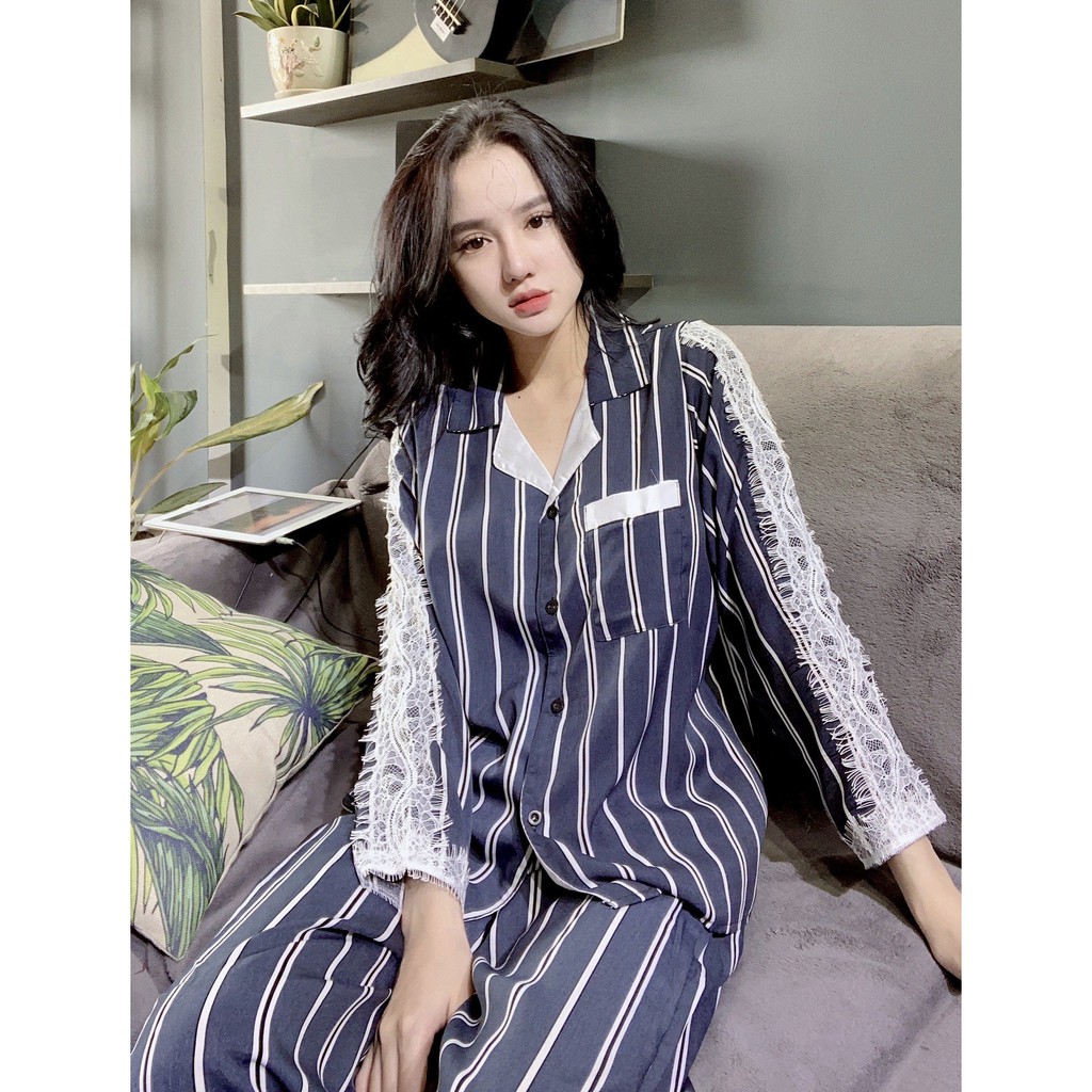 Bộ Đồ Ngủ Đồ Bộ Pijama Lụa Nữ Mặc Nhà Bộ Ngủ Lụa Hàn Phối Ren Tay Dài Quần Dài Dễ Thương