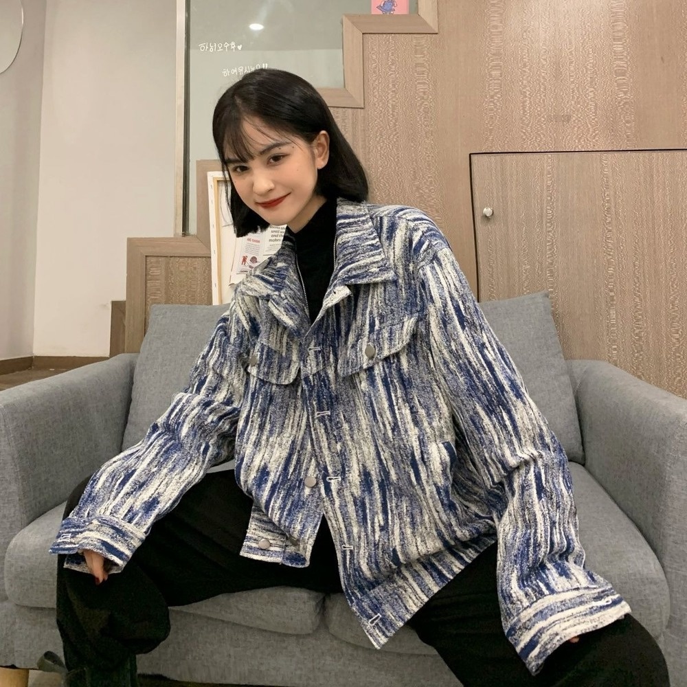 Áo khoác jean họa tiết hoa tuyết Vintage mới cho cặp đôi