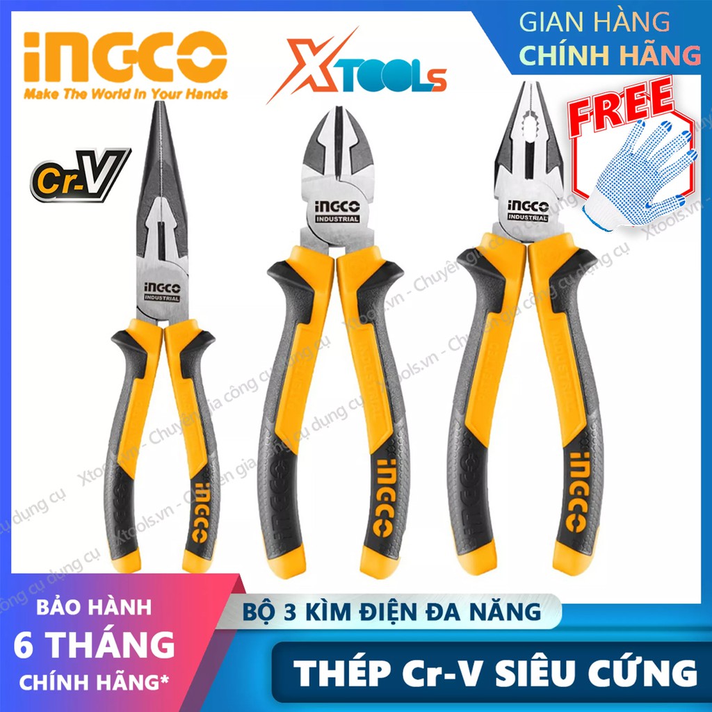 Bộ 3 kìm đa năng cách điện INGCO Kềm cắt kềm răng điện kềm mũi nhọn thép CrV siêu cứng bền cắt kẹp tuốt dây điện cáp kẽm