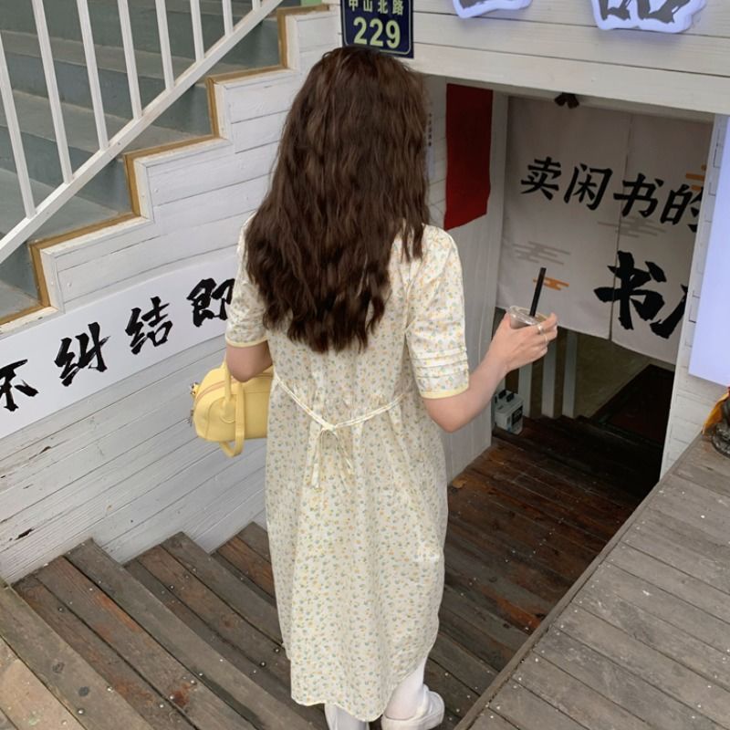 Đầm Dài Họa Tiết Hoa Vàng Phong Cách Pháp Thời Trang Mùa Hè 2022 Cho Nữ