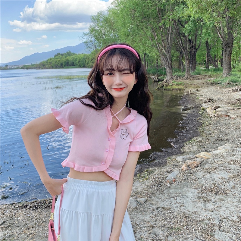 ZHELIHANGFEI grandma Áo Cardigan Dệt Kim Tay Ngắn Thiết Kế Tai Gấu Ngọt Ngào Phong Cách Mùa Hè Niche