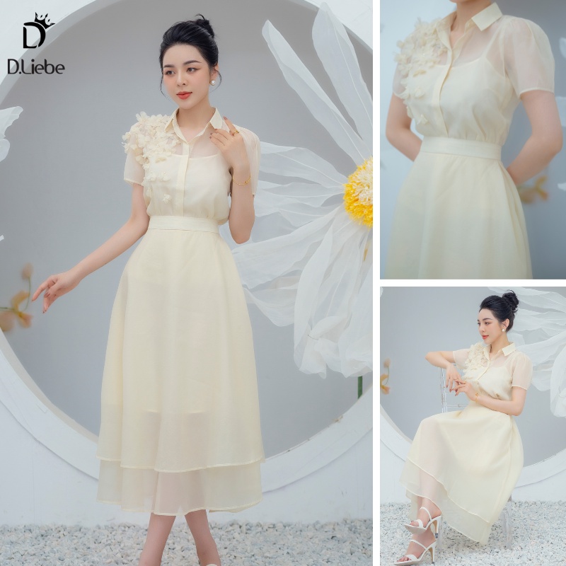 Set sơ mi đính hoa thủ công chân váy xòe 2 lớp, set đồ tiểu thư áo sơ mi mix chân váy xòe Dliebe