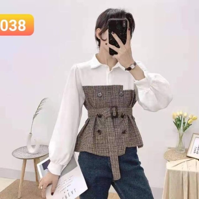 Áo sơ mi thắt eo phối kẻ chất đẹp (có ảnh thật)