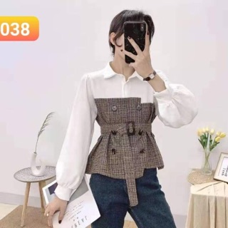 Áo sơ mi thắt eo phối kẻ chất đẹp (có ảnh thật)