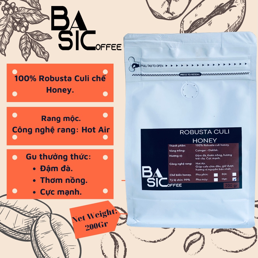 Cà Phê Robusta Culi Honey Nguyên Chất Rang Mộc Bassic Coffee Gu Mạnh Cafe Sạch Đăk Lăk  Gói Dùng Thử 200gr