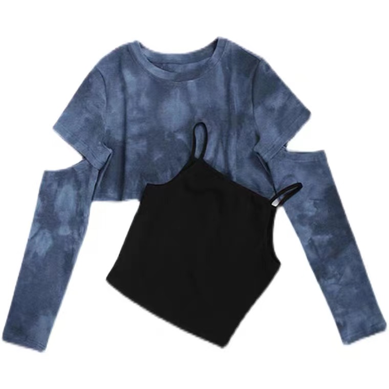 Set áo croptop giả hai lớp + áo thun tay dài thời trang nữ trẻ trung