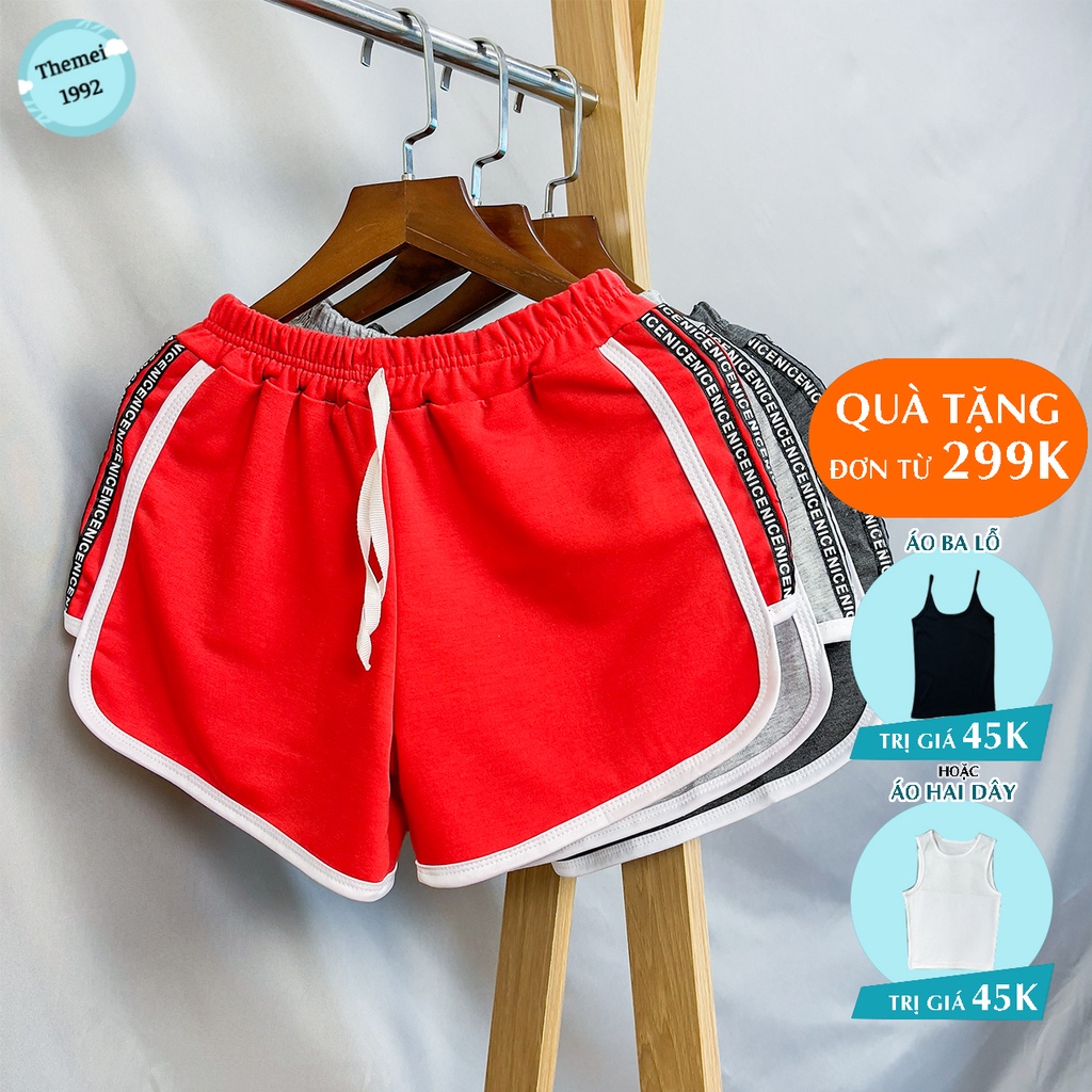 Quần đùi short nữ THE MEI 1992 cao cấp - Quần sooc nữ cạp chun chất Umi thể thao dáng hộp viền chữ siêu xinh