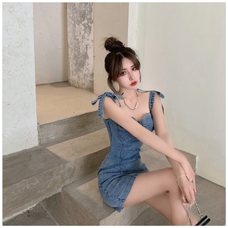 [FREESHIP] Đầm Jean 2 Dây ,Váy Jean 2 Dây Cúp Ngực Thắt Nơ Siêu Gợi Cảm Cho Nữ