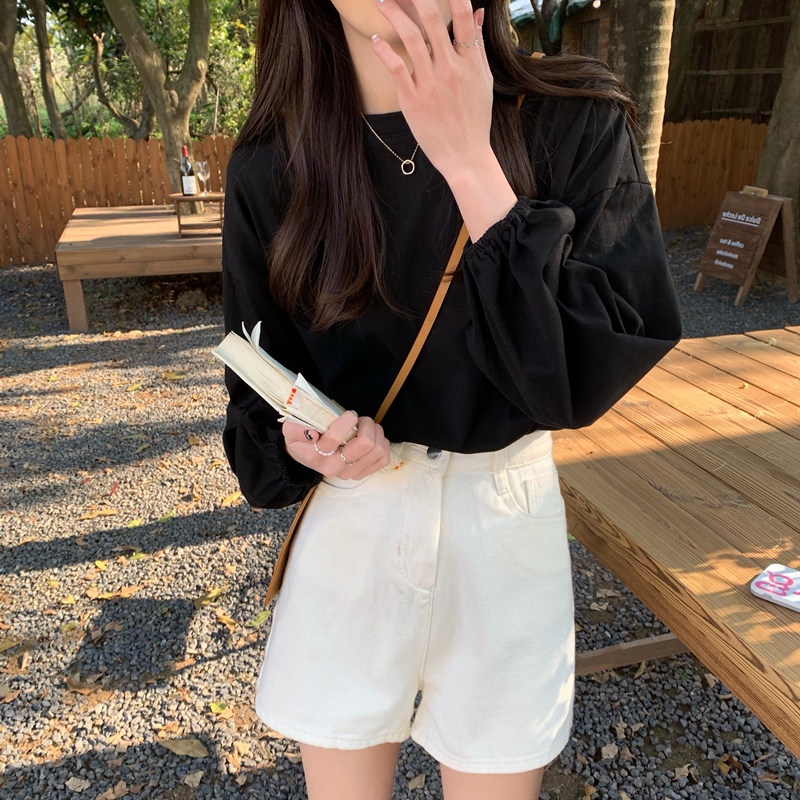 SUXI Áo Thun Tay Dài Cổ Tròn Màu Sắc Đơn Giản Thời Trang Mùa Thu Cho Nữ