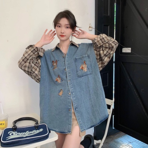 ZHELIHANGFEI Áo Khoác Sơ Mi Denim Tay Dài Dáng Rộng Kẻ Sọc Kiểu Retro Cá Tính
