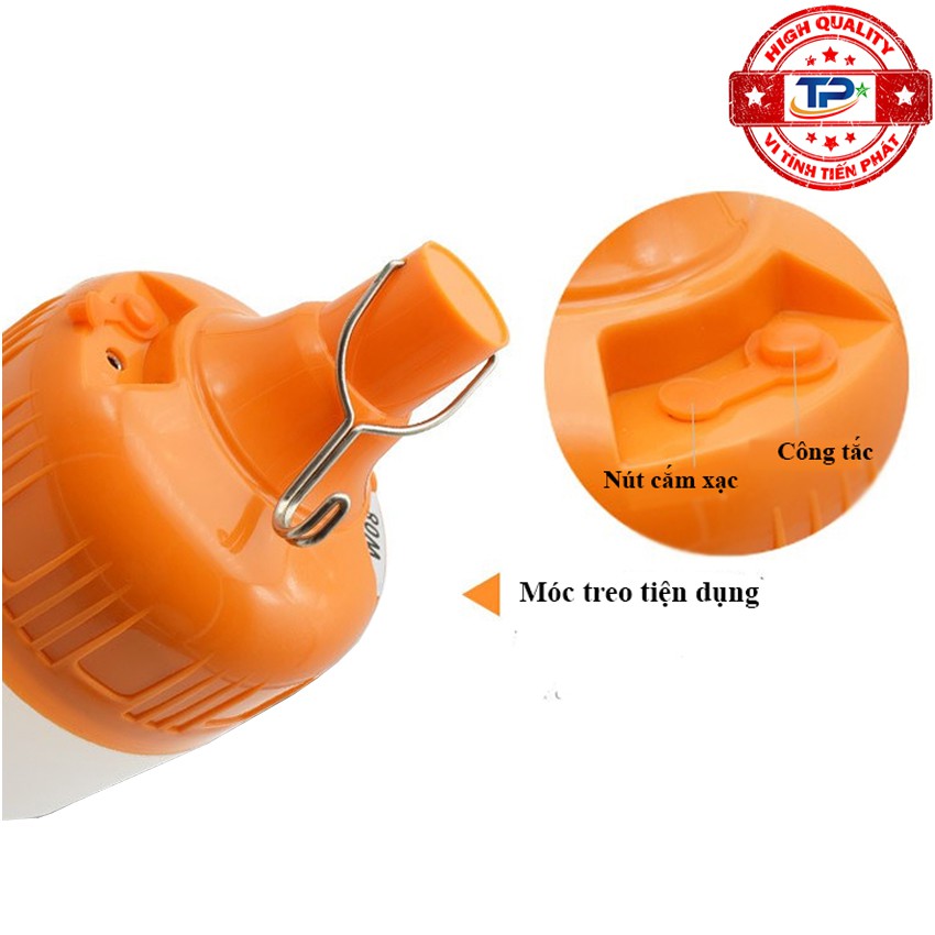 Bóng đèn LED sạc tích điện 80W với 3 chế độ sáng, chống nước, dùng khi mất điện, bán hàng, cắm trại, du lịch NĐ 9506