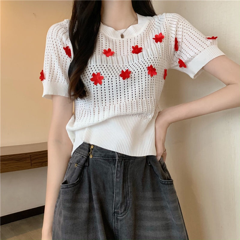 Áo Dệt Kim Tay Ngắn Cổ Tròn Họa Tiết Hoa Dễ Thương Cho Nữ