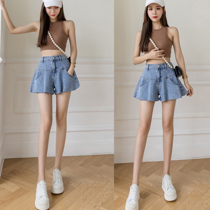 Quần Short Jean Ống Rộng Lưng Cao Viền Xếp Nếp Có Túi Thời Trang Mùa Hè Cho Nữ