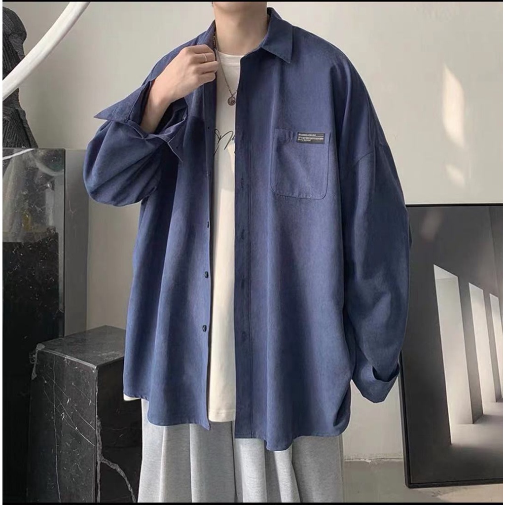 Áo sơ mi màu trơn tay dài dáng rộng cổ bẻ phong cách Hàn Quốc thời trang xuân thu cho nam