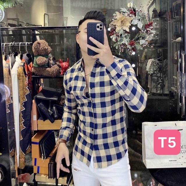 Áo sơ mi nam chất liệu cotton đẹp màu xanh kem họa tiết karo kiểu dáng hàn quốc mới HAVADO9