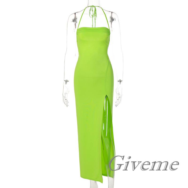 GIVEME-Women Fashion Sleeveless Long Dress Solid Color Tie-Up Halterneck Dress Summer High Split Backless Party Dress