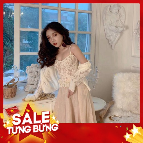 Áo hai dây ren gợi cảm chéo dây lưng + áo khoác len + chân váy voan dài tiểu thư hàng thiết kế Quảng châu ẢNH THẬT CUỐI