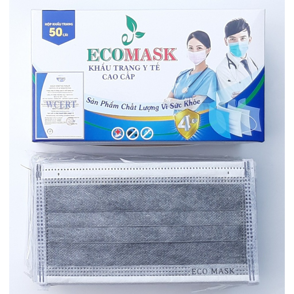 50 cái khẩu trang y tế 4 lớp than hoạt tính kháng khuẩn  Cao Cấp  (Màu xám đen - 50 cái/1 hộp )