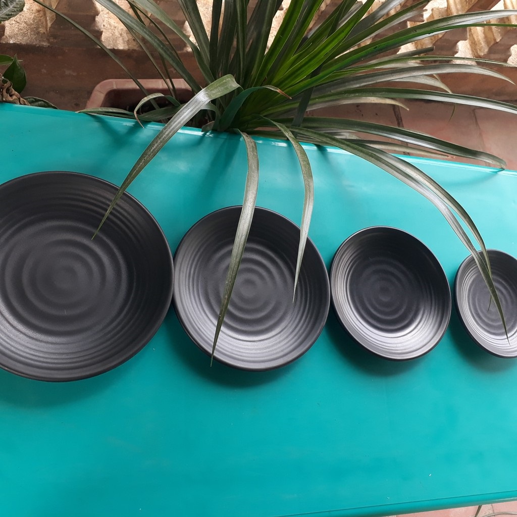 [100% Melamine] Đĩa Nhựa Phíp Tròn, Melamine Dáng Tròn Màu Đen Sang Trọng