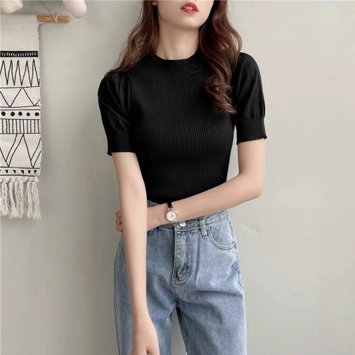 Charlie!!! Hàng Đầu Rajut Áo Thun Dệt Kim Cổ Lọ Màu Đen Nhập Khẩu Cho Nữ