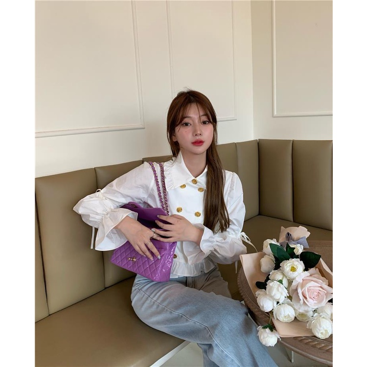 Áo Sơ Mi Tay Chuông Thiết Kế Hai Hàng Nút Cài Phối Ren Dễ Thương Cho Nữ