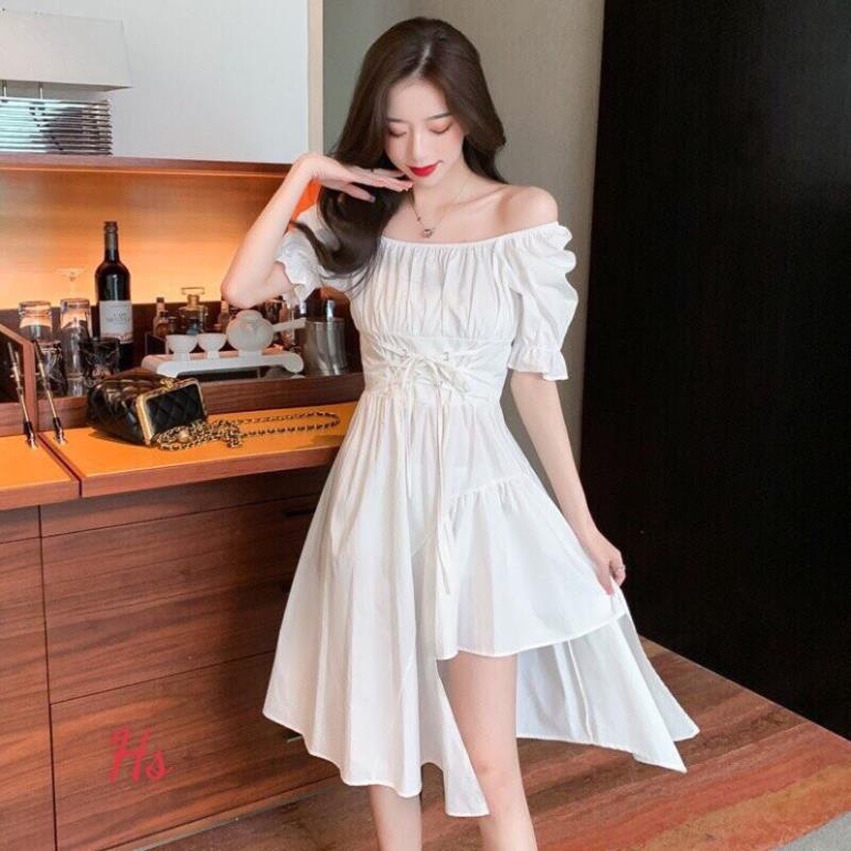 [NEW] Váy Suông Cổ Vuông Lệch Tầng Dáng Dài Ulzzang Váy Nữ Ngắn Tay Đan Dây Eo Mầu Trắng Tinh Khôi ( Hàng Sẵn)