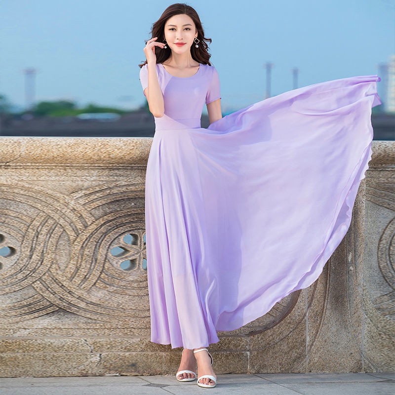 Đầm Voan Dáng Xòe Dài Qua Gối Chiết Eo Thời Trang 2020 Cho Nữ