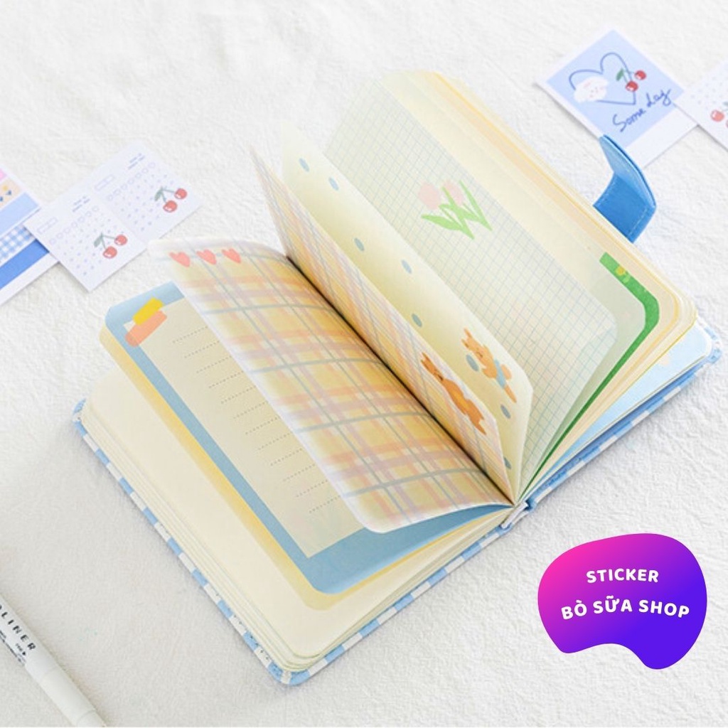 Sổ tay bìa da A6 tặng kèm 8 tấm sticker sổ nhật kí bìa caro màu pastel chuẩn Hàn đáng yêu