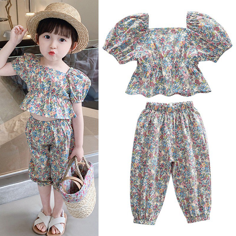 Bộ áo tay phồng + quần họa tiết hoa phong cách Hàn Quốc xinh xắn thời trang mùa hè cho bé gái