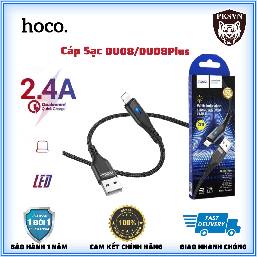 Cáp Sạc Hoco DU08 Chính Hãng Sạc nhanh 12w cho 13 promax trở xuống, Dây dù chống đứt, có Đèn LED dài 1M/2M -Bảo Hành 12T