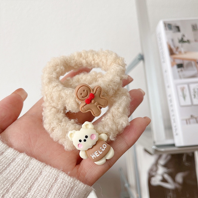 Dây cột tóc gắn họa tiết hoạt hình 3D cute trơn màu chất liệu lông bền chắc PK743