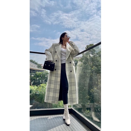 Áo khoác dạ dáng dài cổ vest hoạ tiết kẻ thương hiệu Eenk cao cấp