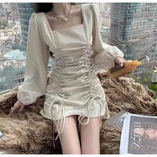 [sẵn M] VÁY RÚT DÂY CỔ VUÔNG  VẢI ĐẸP