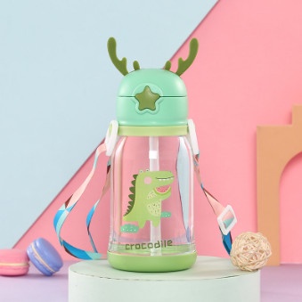 Bình nước ống hút trẻ em 600ml, bình cho bé hình sừng hươu dễ thương