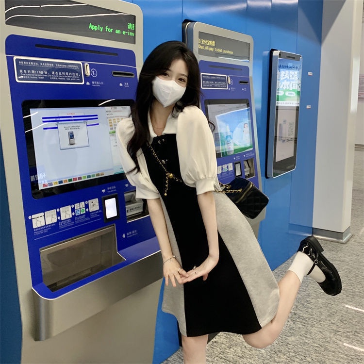 Đầm RENJIANVSHENG 175286 ngắn tay màu sắc tương phản thời trang trẻ trung