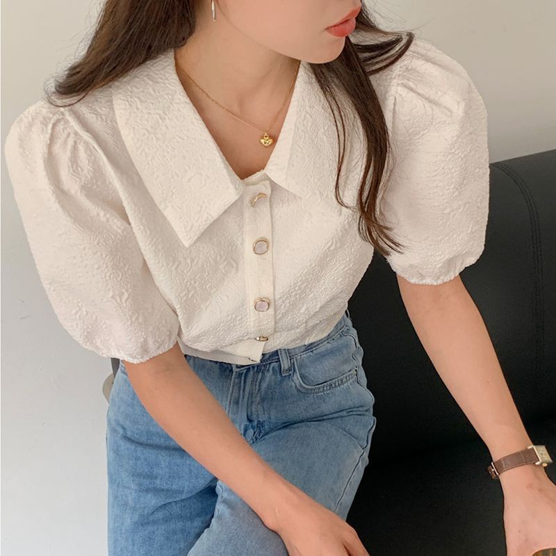 Áo sơ mi tay ngắn phồng dáng ôm size lớn phong cách mùa hè 210601
