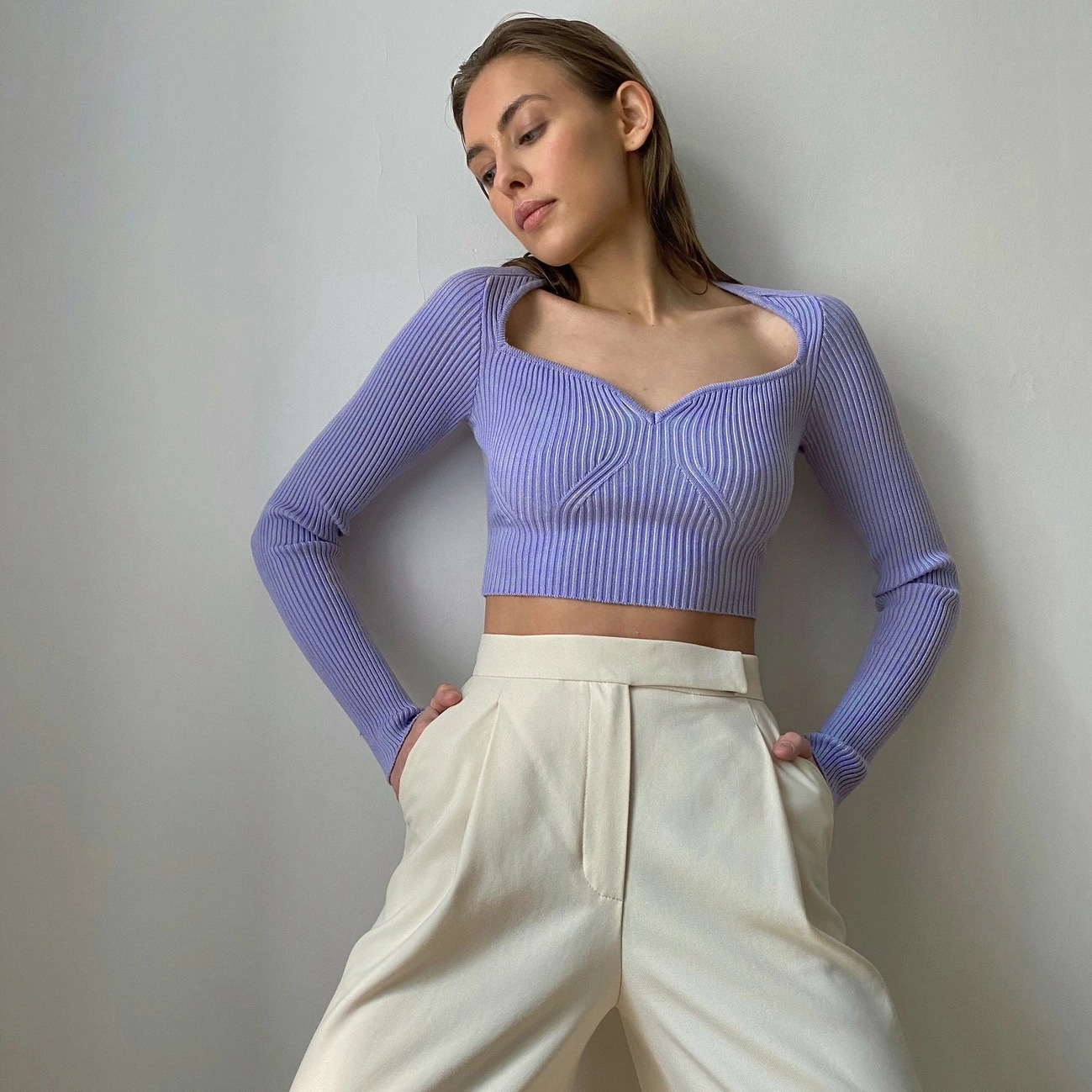 Áo Crop Top Cotton Đan Cổ Tim Tay Dài Thiết Kế Mới Cho Nữ