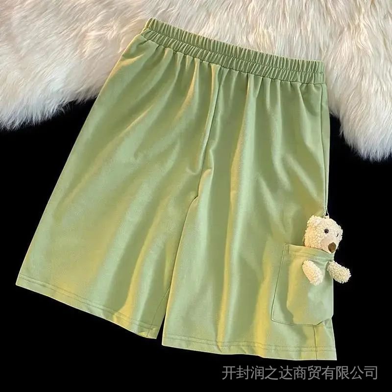 Set áo thun polo phối quần short màu xanh lá in hình gấu phong cách Hàn Quốc cao cấp Mùa Hè Cho Nữ