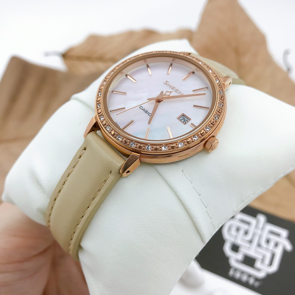 Đồng hồ nữ Casio SHEEN SHE-4052 / SHE-4052PGL-7B đính đá Swarovski, dây da thật, hàng chính hãng