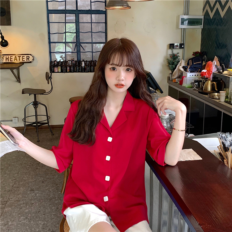 Áo sơ mi tay ngắn cổ polo phong cách retro Hàn Quốc cho nữ