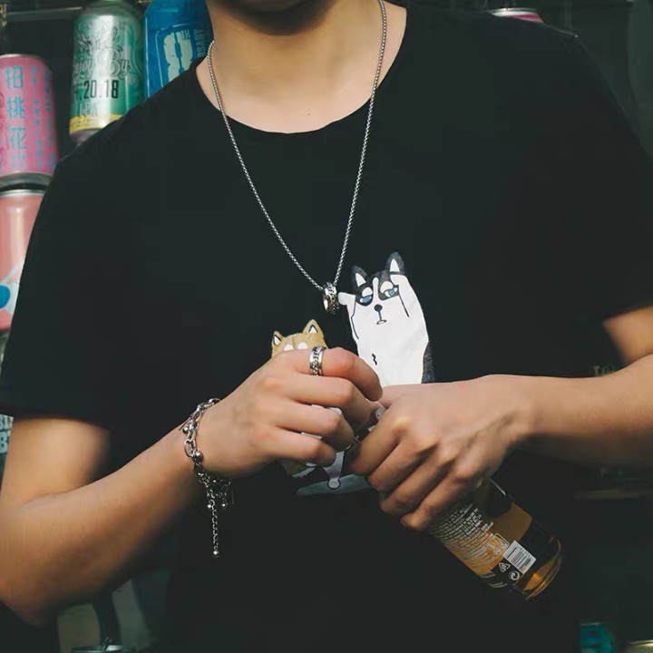 Nhẫn bằng thép titan phối dây xích có thể xoay phong cách cá tính cho nam