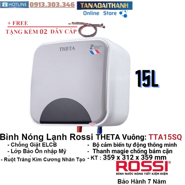 Bình nóng lạnh gián tiếp Rossi Theta 15 Lít Vuông - TTA15SQ, chính hãng, bảo hành 7 năm toàn quốc, tân á online