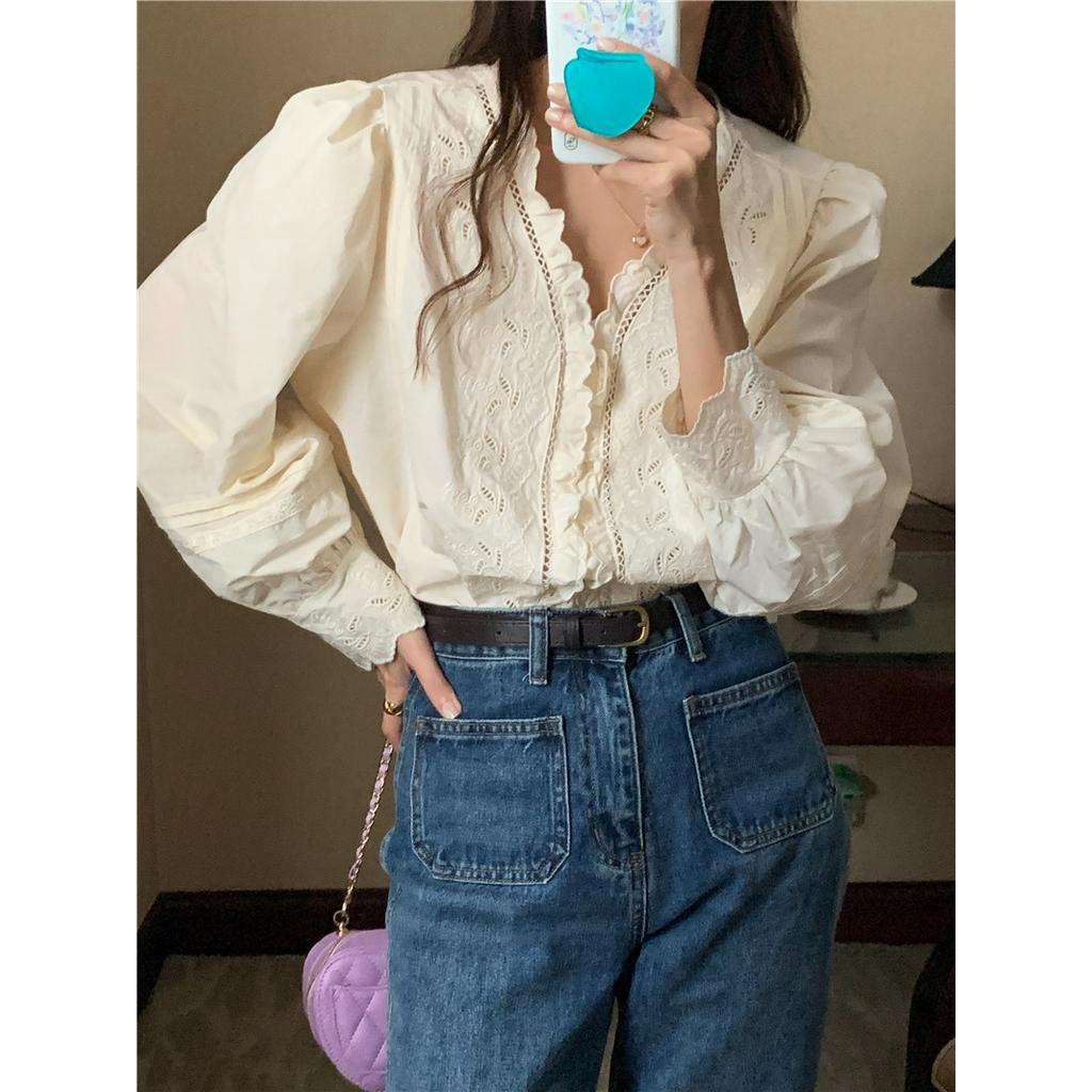 Áo Sơ Mi Dài Tay Cổ Chữ V Thêu Họa Tiết Cổ Điển 56437